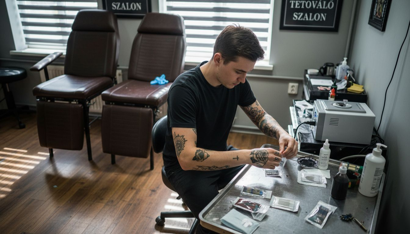 A tetoválóművész éppen előkészíti a tűket a következő tetováláshoz.