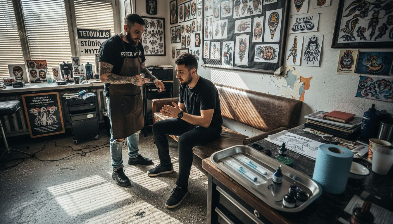 Egy izguló vendég épp a tetoválóművésszel beszélget.