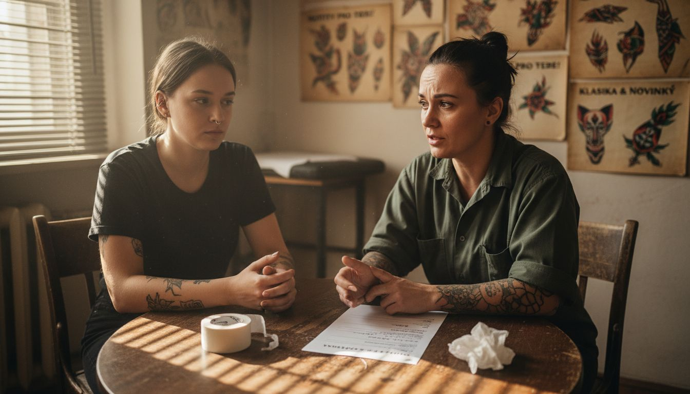 Tatér si s klientem povídá o možných rizicích tetování a upozorňuje ho na vše, co by měl před zákrokem vědět.