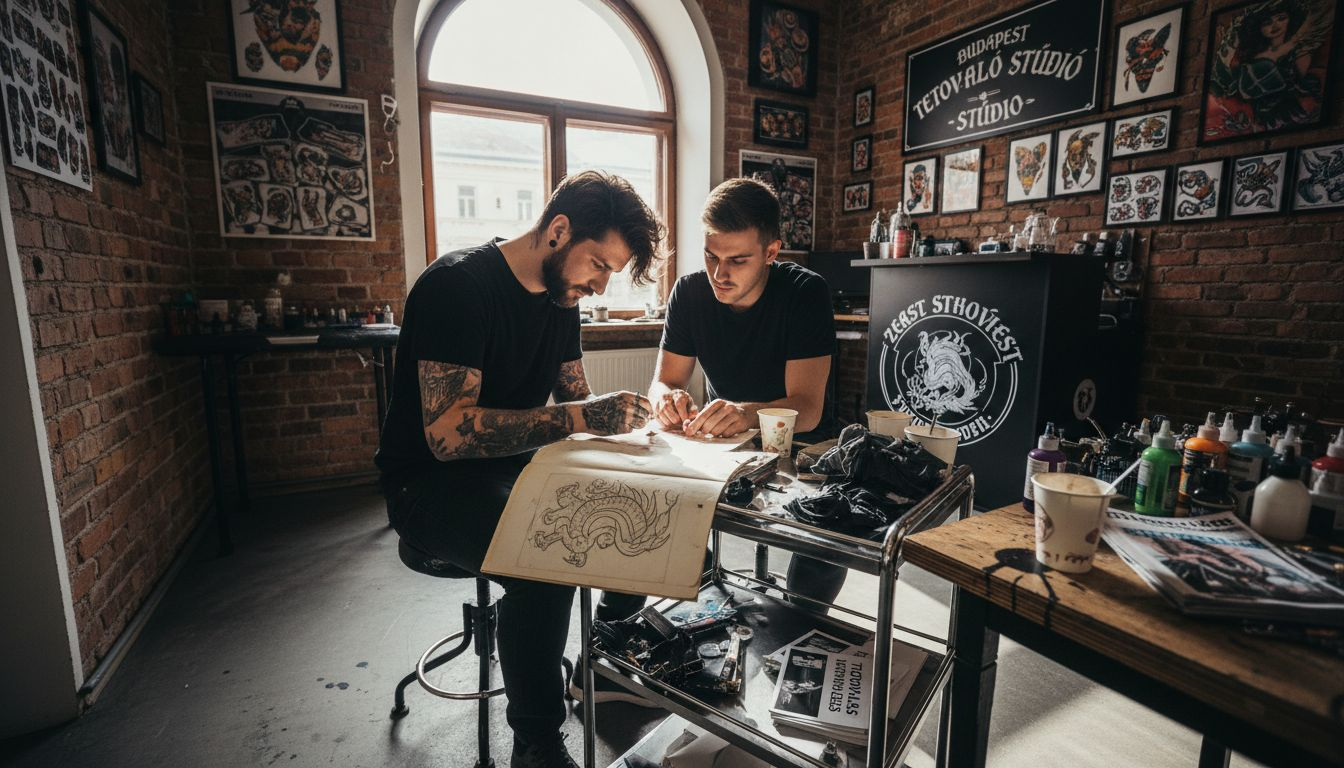 Egy tetoválóművész éppen konzultál egy vendéggel a szalonban, hogy közösen megtervezzék a következő tetoválást.