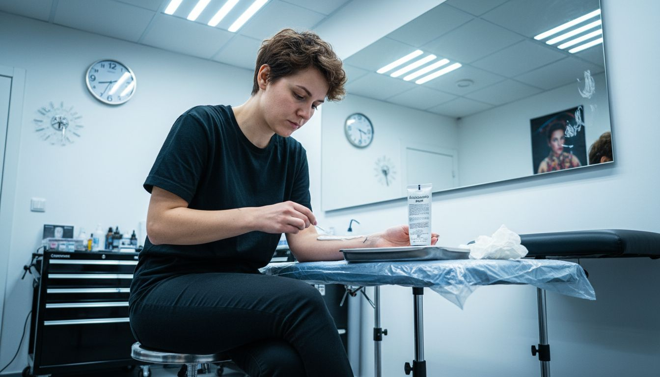 Egy nő tetoválás előtt érzéstelenítő krémet ken a karjára.