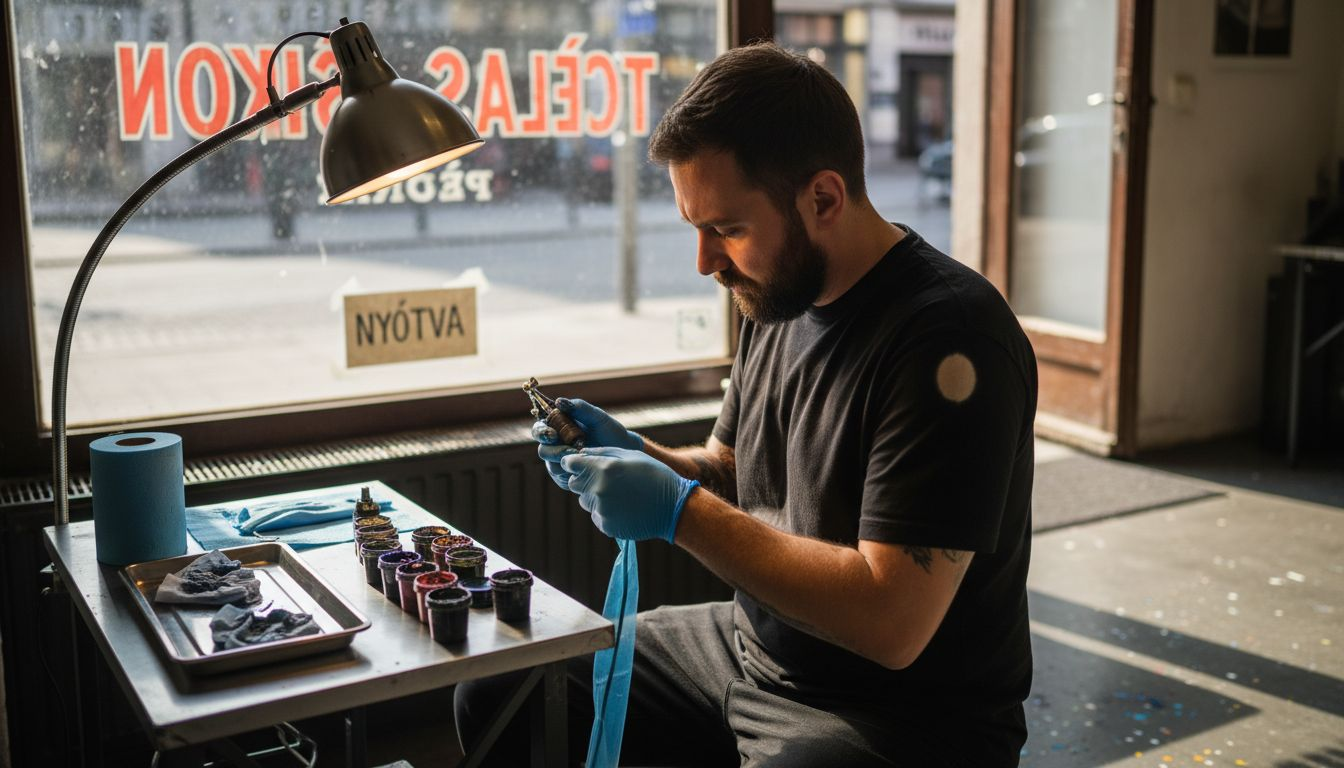 A tetoválóművész éppen előkészíti a munkaállomását a következő tetoválásra.