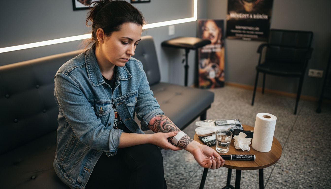 Egy nő alaposan szemügyre veszi friss tetoválását, hogy ellenőrizze, hogyan reagál a bőre.