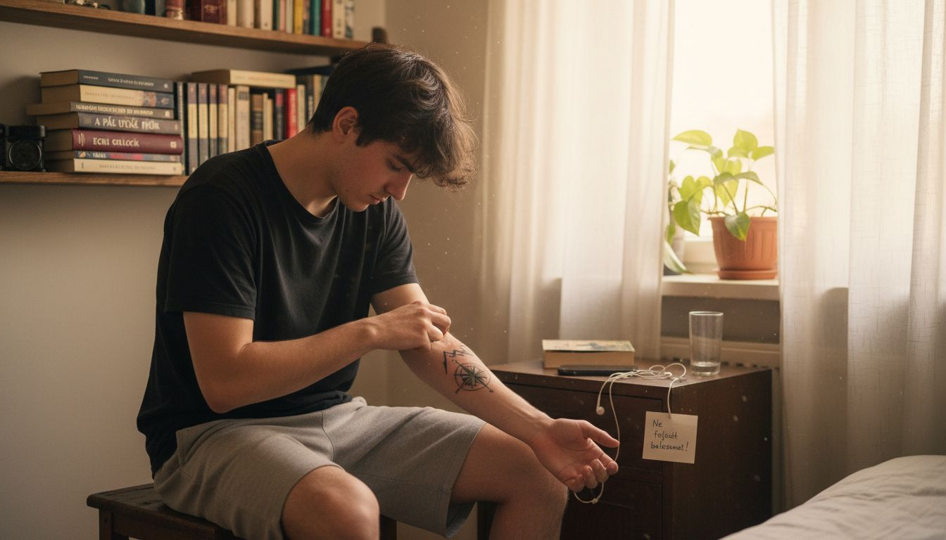 Egy fiatal férfi óvatosan bekeni frissen készült tetoválását gyógykenőccsel.