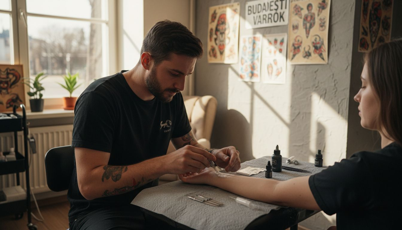 A tetoválóművész érzéstelenítő krémet alkalmaz, hogy csökkentse a fájdalmat tetoválás közben.