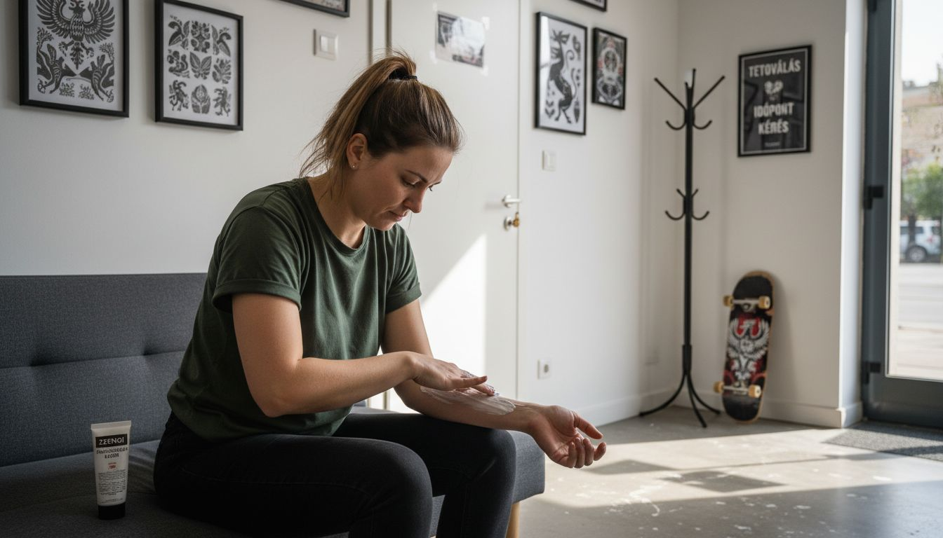 Egy nő érzéstelenítő krémet ken fel magára egy tetoválószalonban.