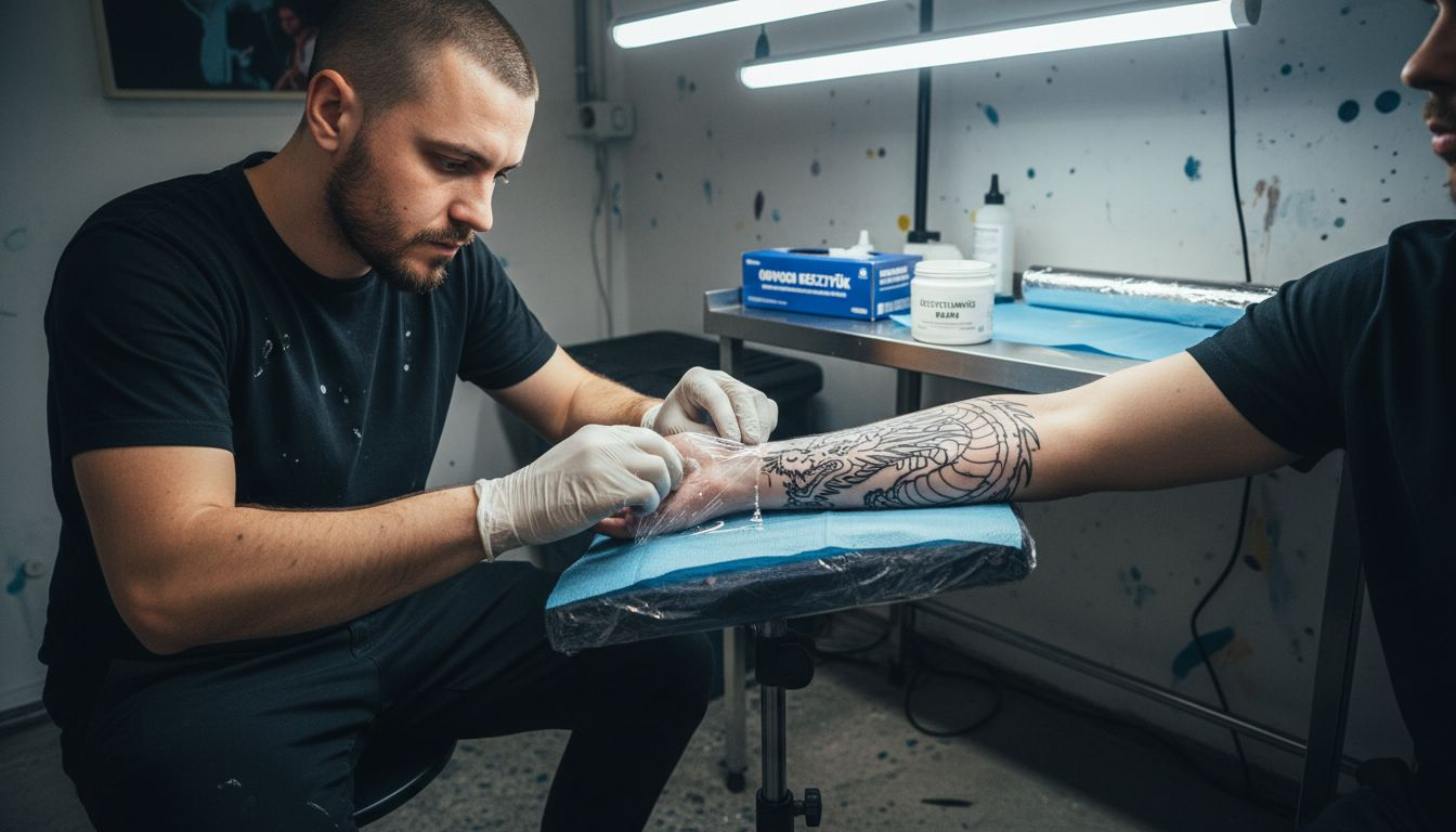 A tetoválóművész a fájdalomcsillapító krém felvitele után fóliát helyez a bőrre.