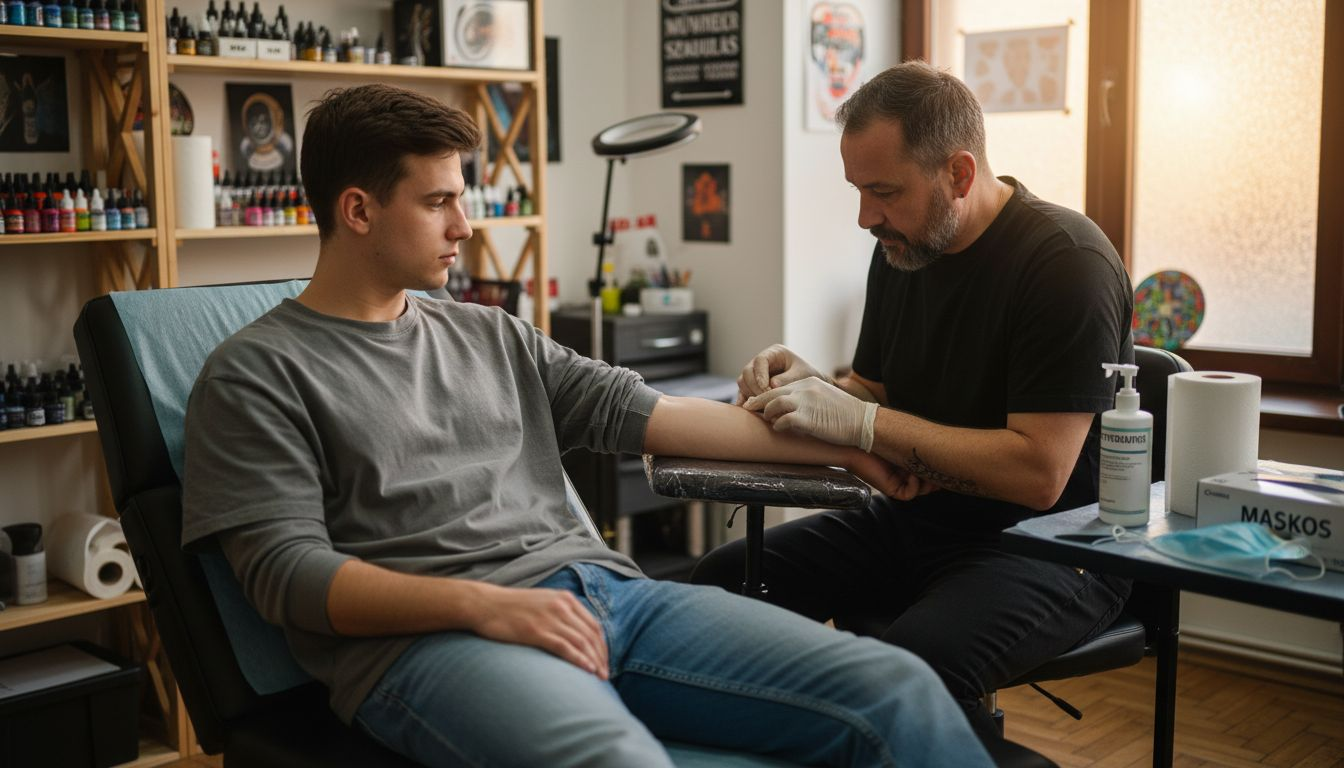 A tetováló éppen előkészíti vendége karját a szalonban a következő tetováláshoz.