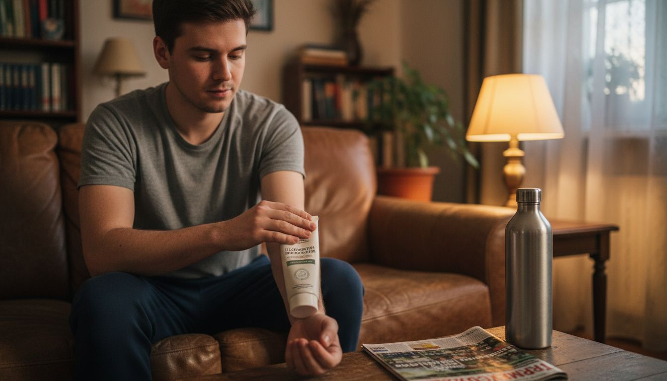 Egy férfi hidratáló krémet ken a bőrére, mielőtt tetoválást csináltatna.