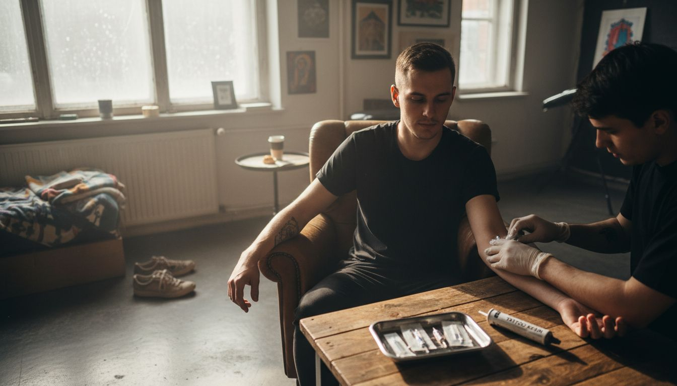 Egy fiatal férfi, aki tetoválás előtt krémmel kezelte a bőrét