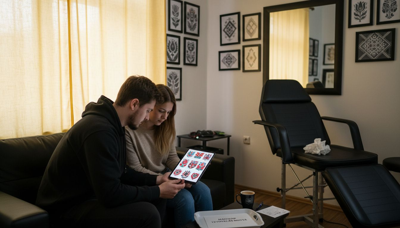 Fiatalok tetoválásmintákat nézegetnek egy szalonban.