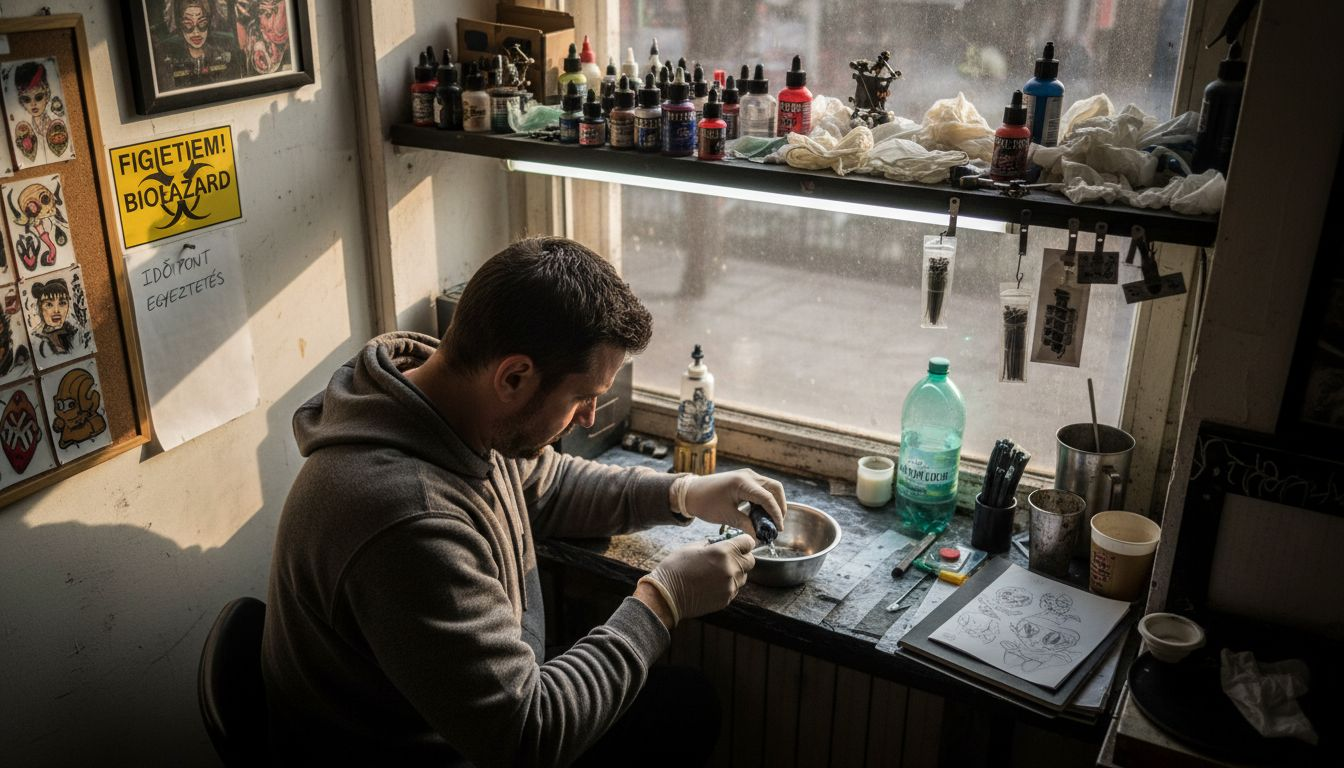 Egy magyar tetoválóművész egy tetoválószalonban dolgozik.