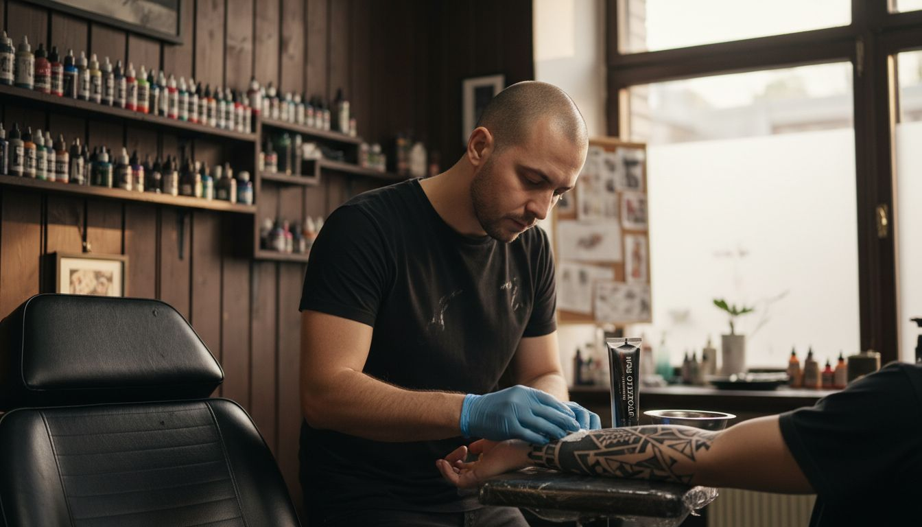 A tetoválóművész krémet ken a vendég alkarjára.