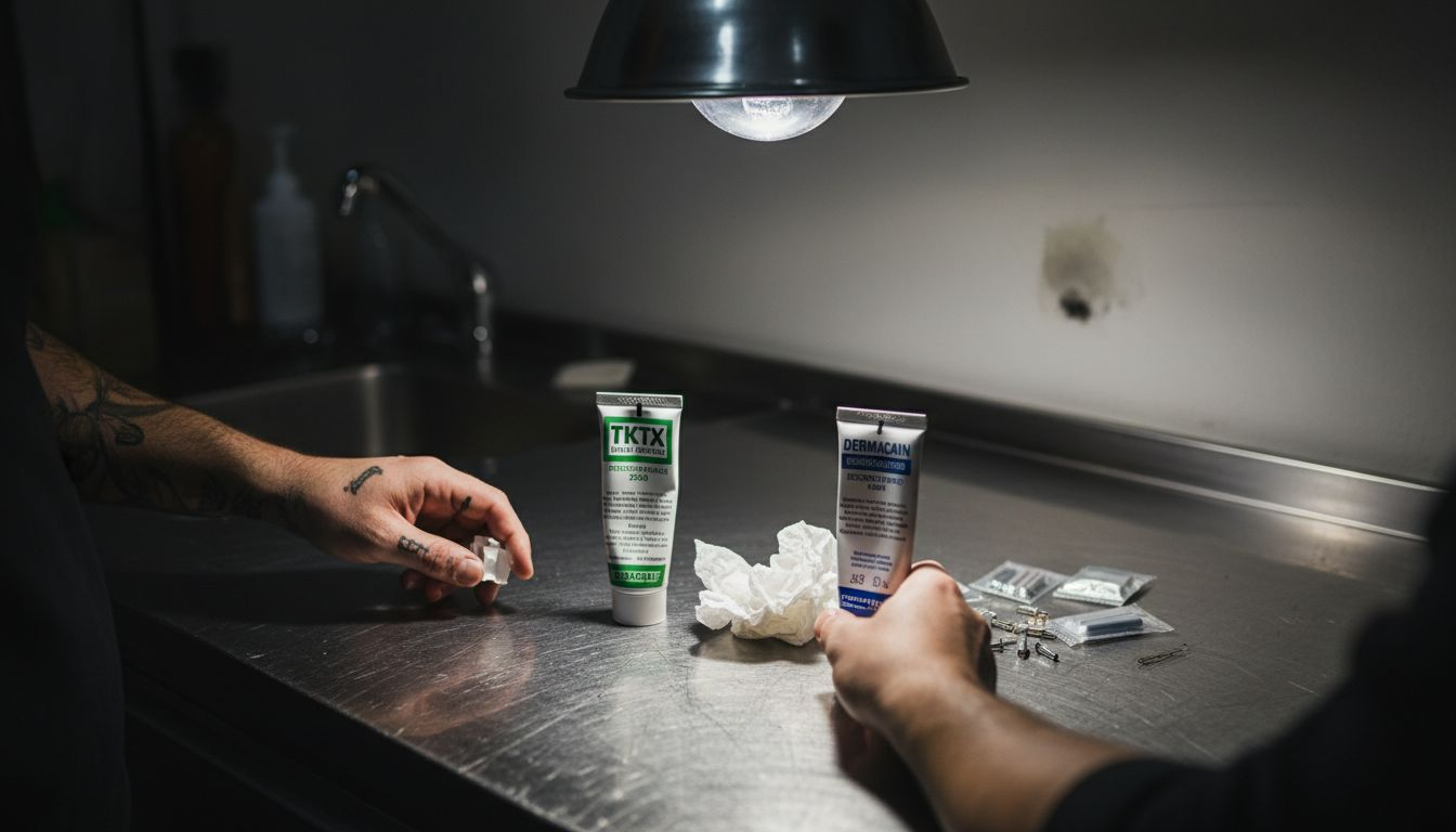 Két kéz mutatja be a TKTX és Dermacain krémeket.