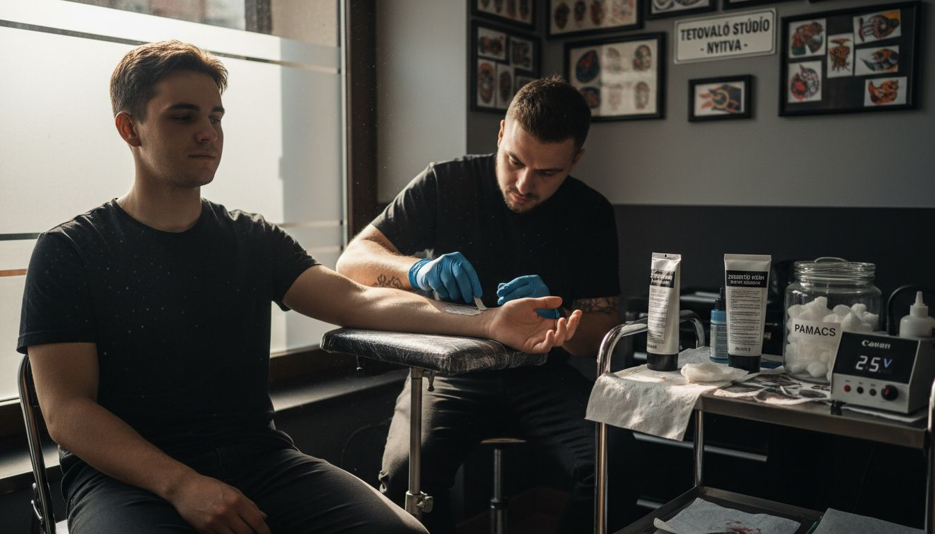 Egy fiatal srácot éppen érzéstelenítő krémmel kennek be, mielőtt tetoválást kapna.