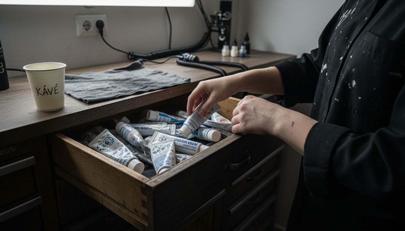 Drawer with various numbing creams for tattooing