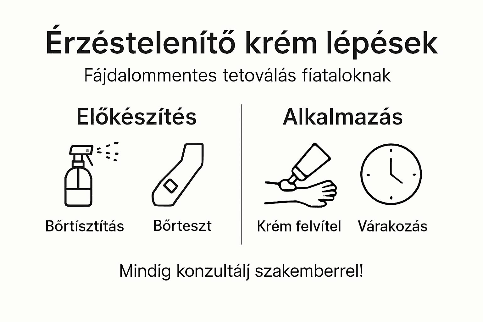 Minimalista infografika a biztonságos érzéstelenítő krém használatának lépéseiről