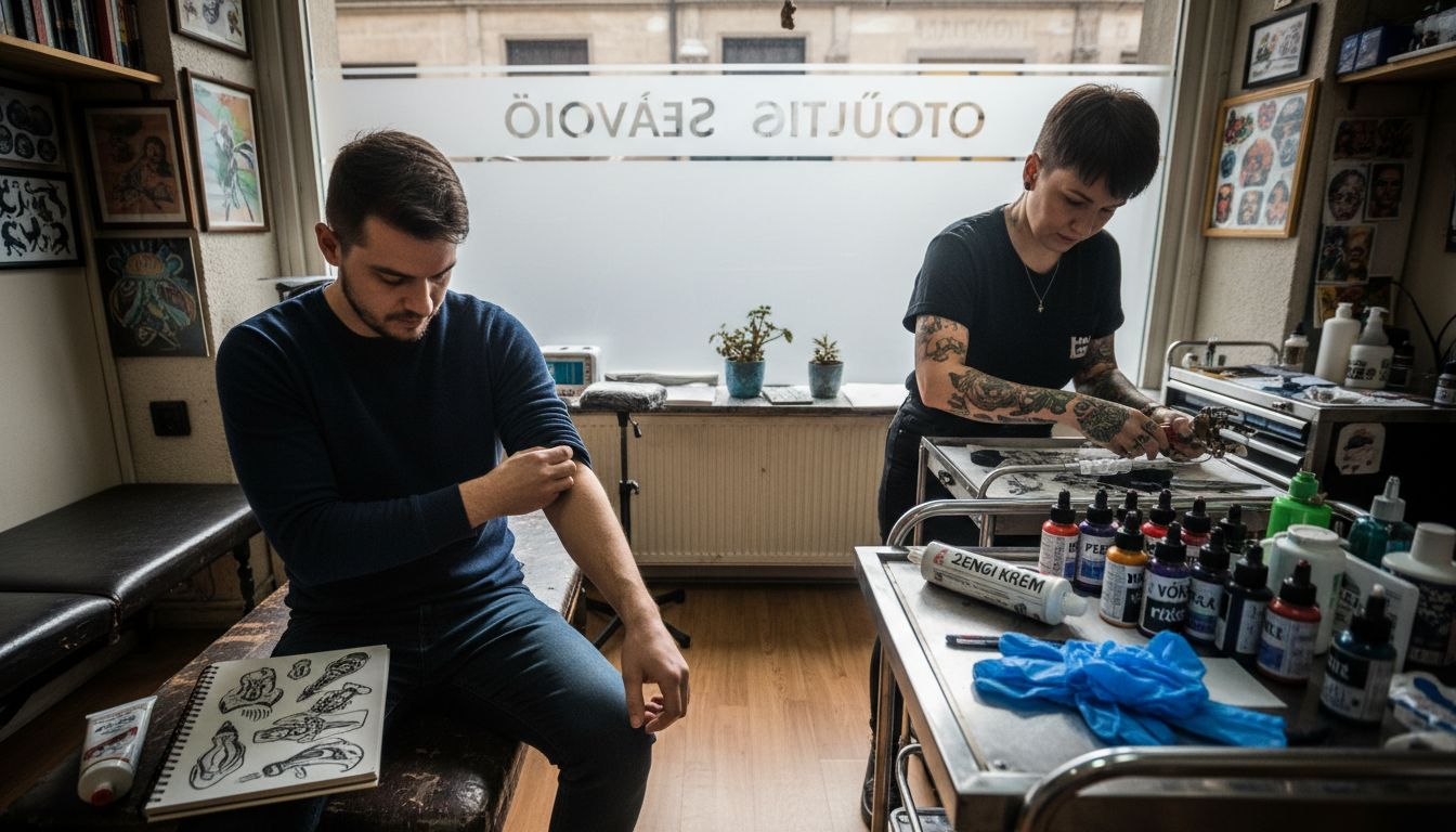 Egy férfi készül fel arra, hogyan csillapítsa majd a tetoválás okozta fájdalmat.