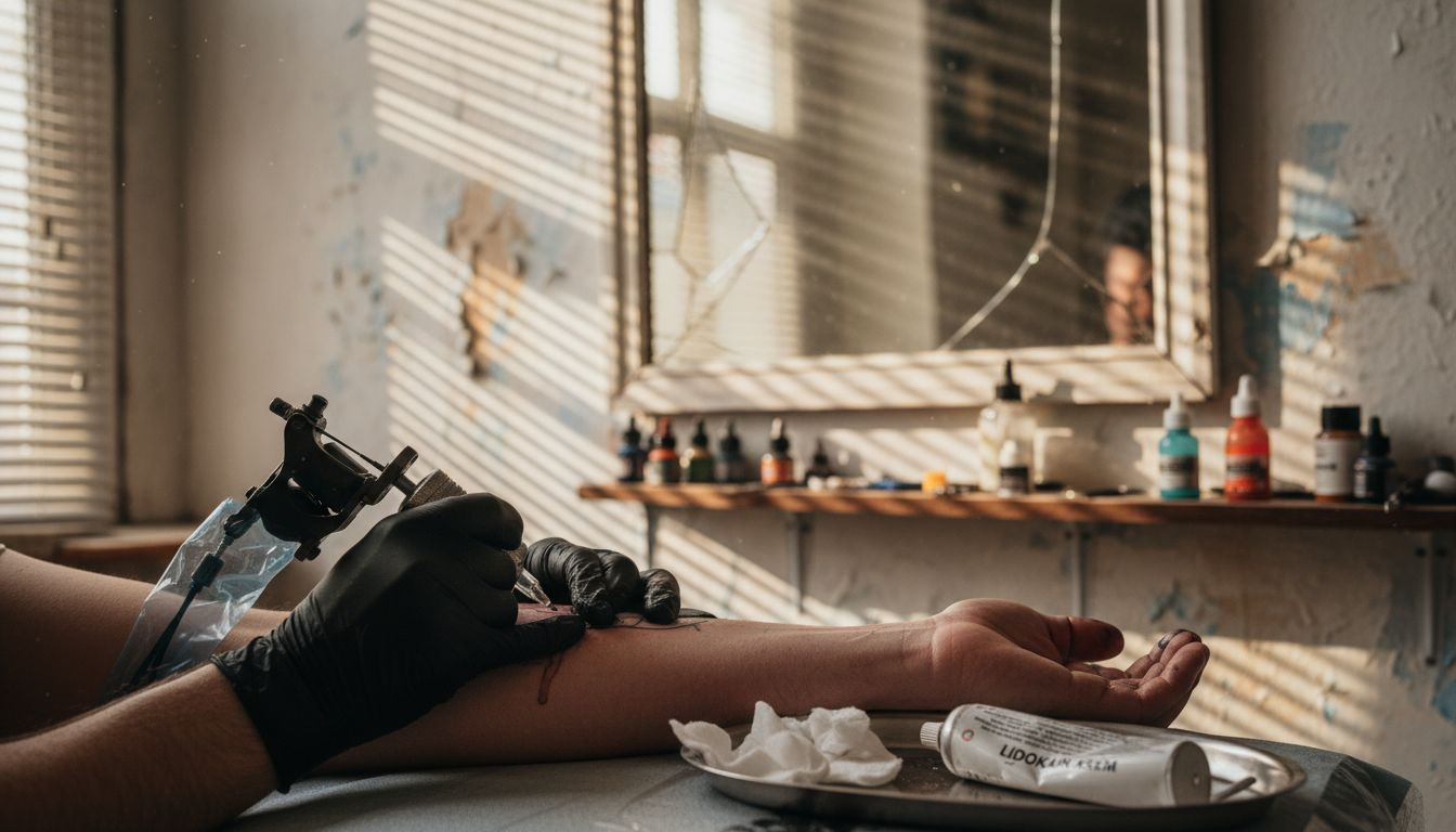 A tetováló tű épp a bőr közelében van, miközben krémet kentek rá.