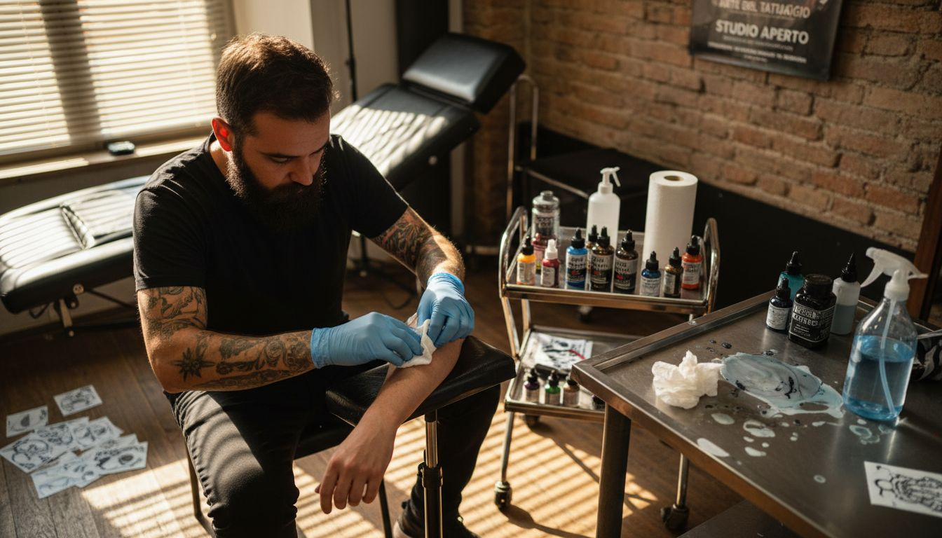 Il tatuatore si prende cura di igienizzare il braccio del cliente prima di iniziare il lavoro in studio.
