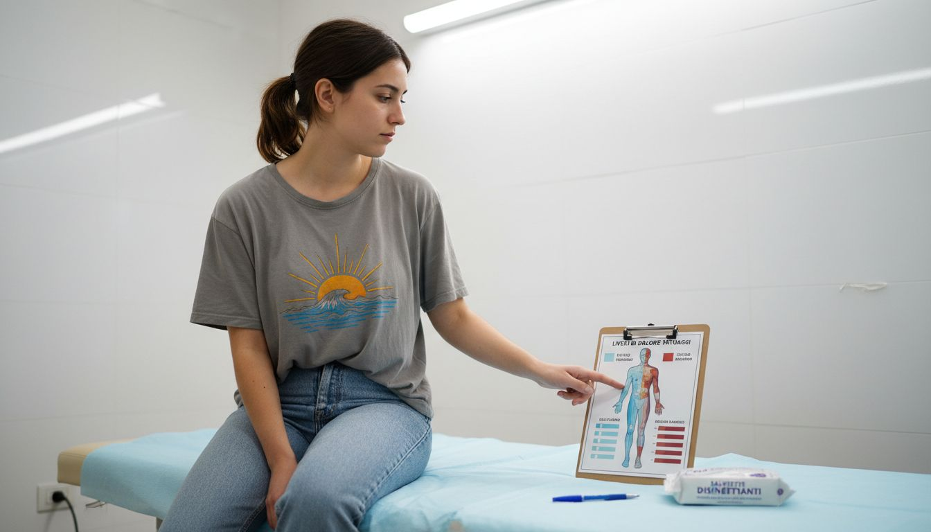 Donna che osserva una mappa delle zone più dolorose per i tatuaggi