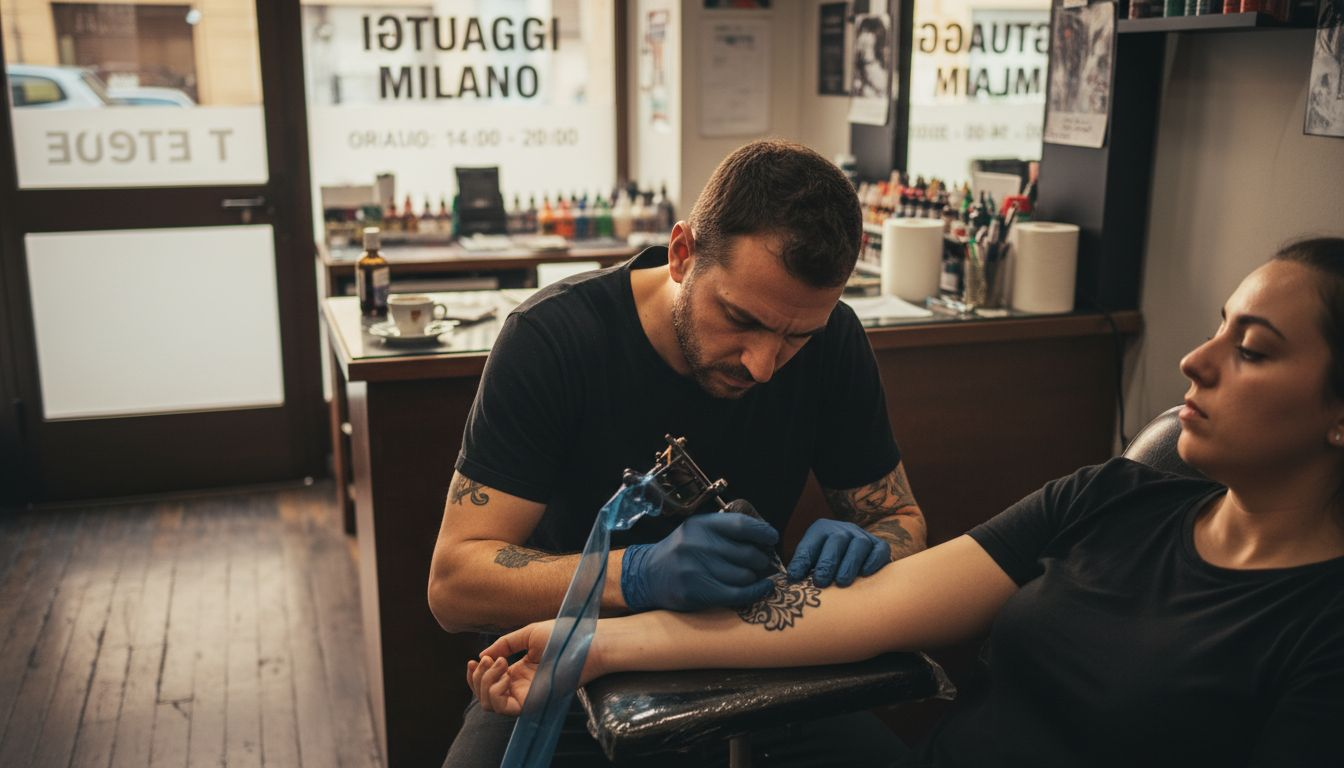 Un tatuatore all’opera mentre realizza un tatuaggio sull’avambraccio di un cliente nel suo studio.