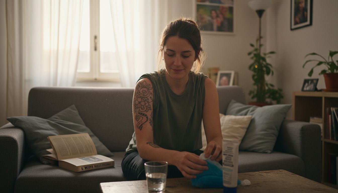 Cliente soddisfatto che ammira il suo nuovo tatuaggio realizzato senza provare dolore