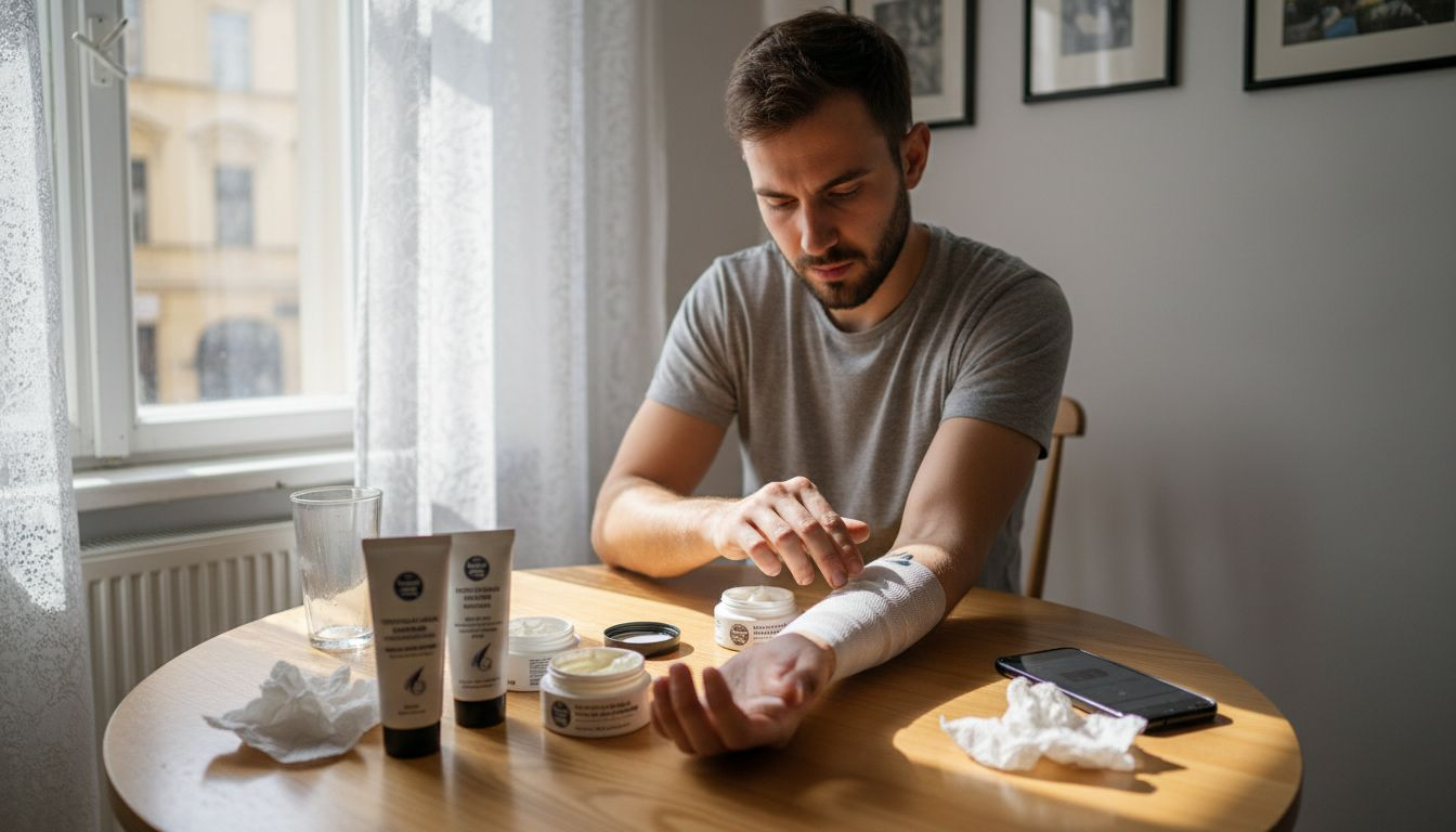 Egy férfi a konyhaasztalnál ülve nézegeti, melyik tetoválás utáni krémet válassza.