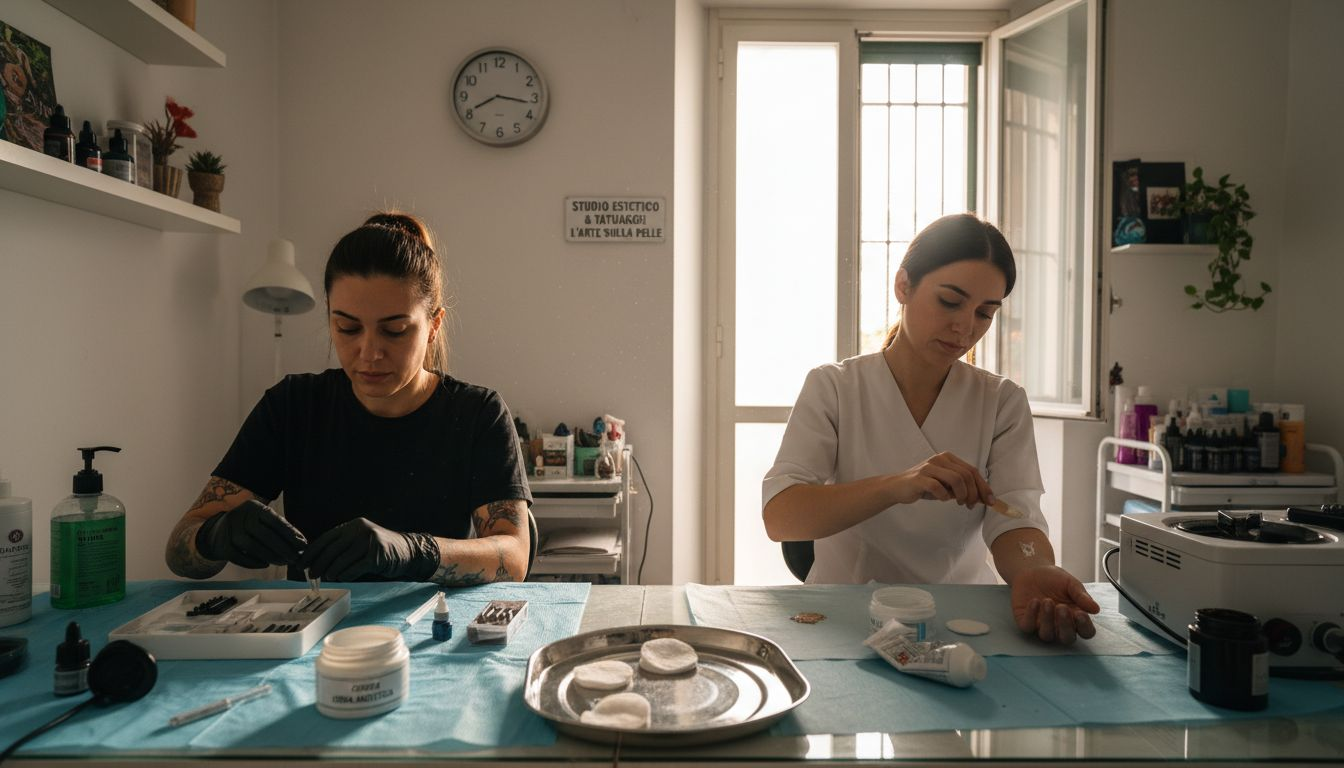 Il tatuatore e l’estetista si stanno occupando della preparazione degli anestetici prima del trattamento.