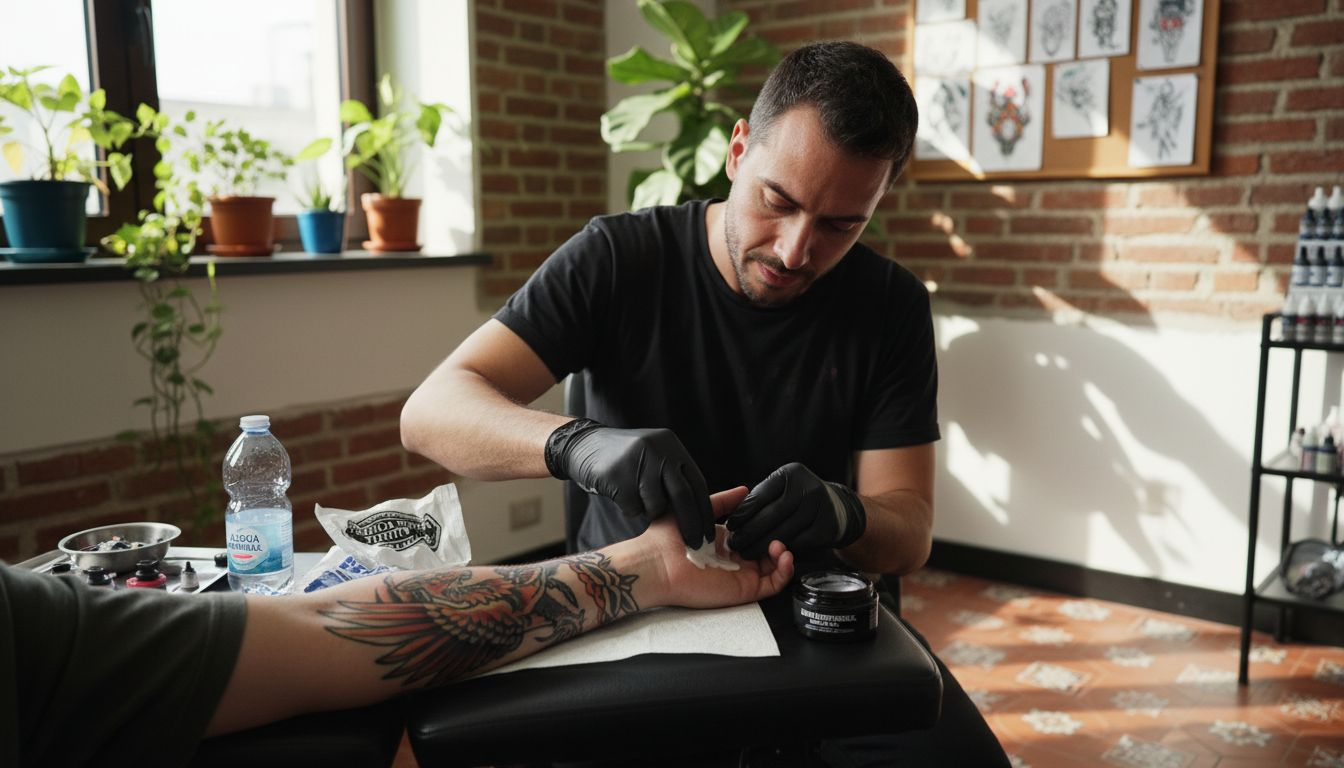 Il tatuatore spalma una crema anestetica sulla pelle prima di iniziare il lavoro.