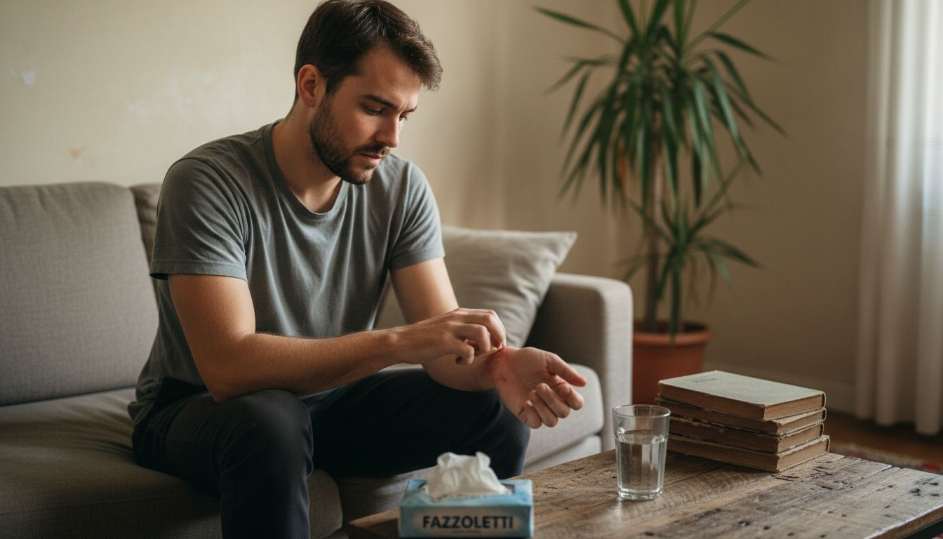 Un uomo presenta una leggera reazione allergica sulla pelle.