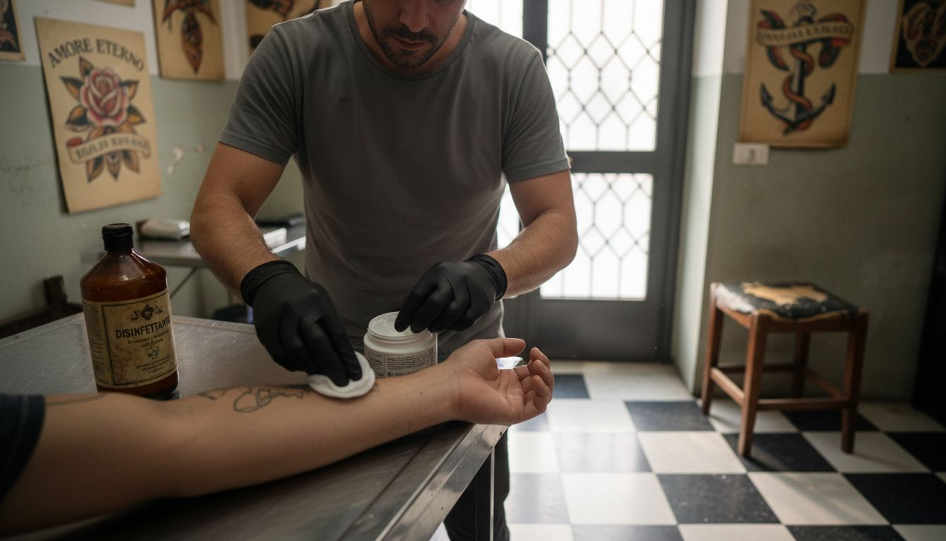 Il tatuatore si prepara ad applicare la crema anestetica sulla pelle del cliente.