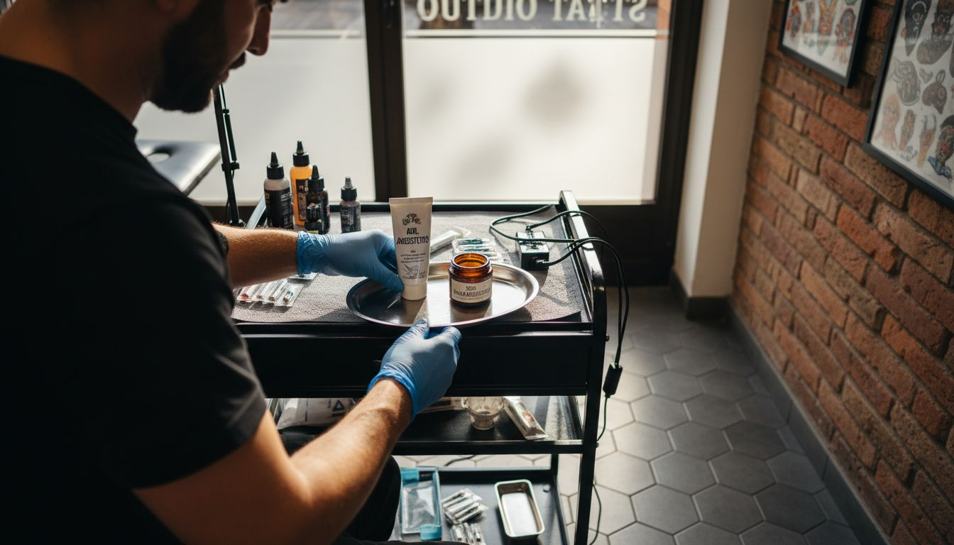 Il tatuatore prepara gel e crema anestetica prima di iniziare il lavoro.