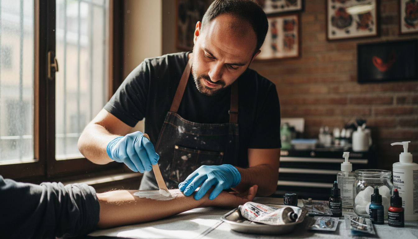 Il tatuatore stende la crema anestetica sulla pelle prima di iniziare il lavoro.