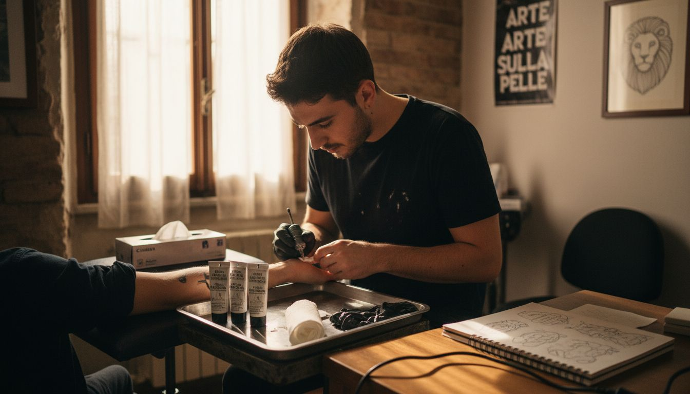 Il tatuatore stende una crema anestetica sul braccio prima di iniziare il lavoro.