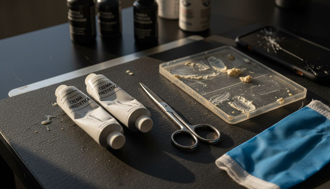Tubetti di anestetico poggiati sul tavolo di uno studio di tatuaggi