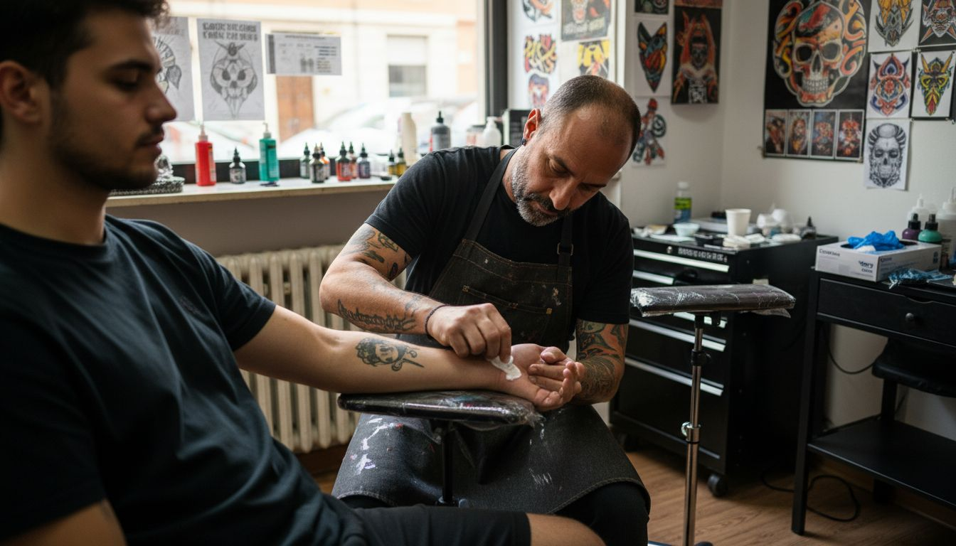 Il tatuatore stende una crema anestetica sulla pelle prima di iniziare il lavoro.