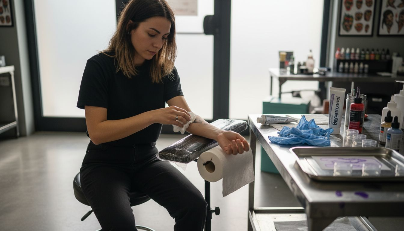 Prima di iniziare la seduta, una donna si prepara pulendo accuratamente l’avambraccio nello studio di tatuaggi.