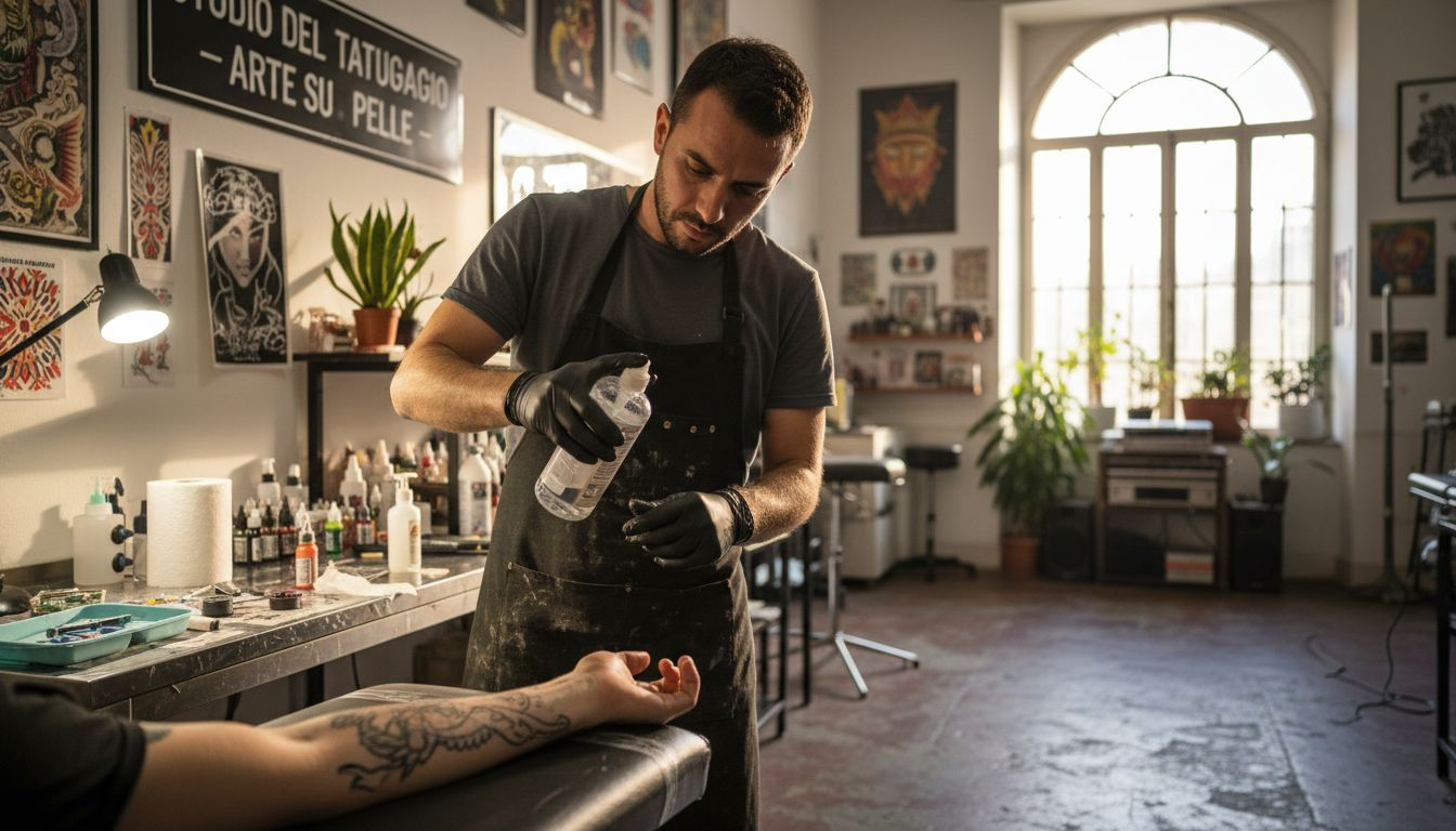 Il tatuatore si prende cura di preparare il cliente prima di iniziare il lavoro in studio.