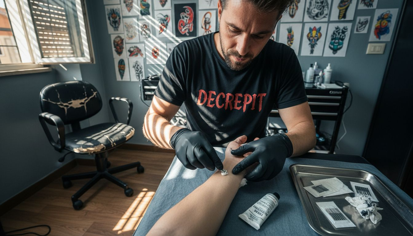 Il tatuatore spalma una crema anestetica sull’avambraccio prima di iniziare il lavoro.