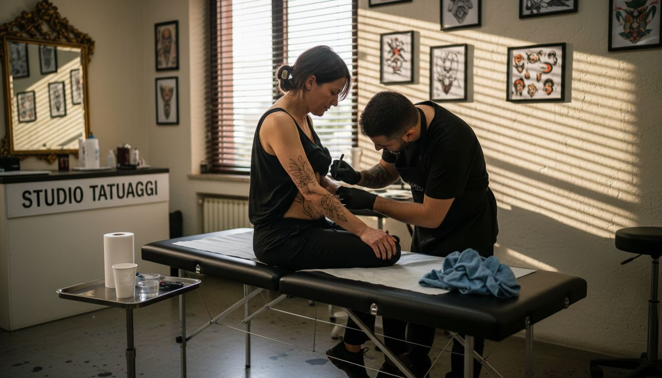 Tatuatore al lavoro sulla zona delle costole di un cliente