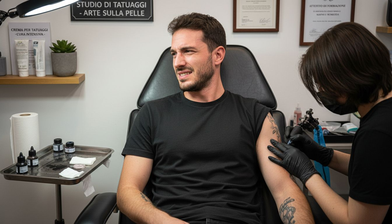Un uomo seduto sulla poltrona del tatuatore fa una smorfia di dolore mentre l’ago incide la pelle.