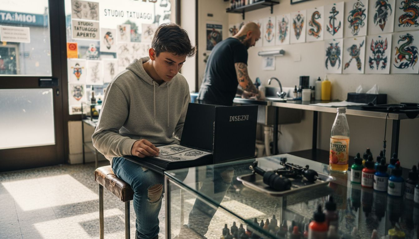 Un ragazzo si confronta con un tatuatore nel suo studio per chiedere consigli.