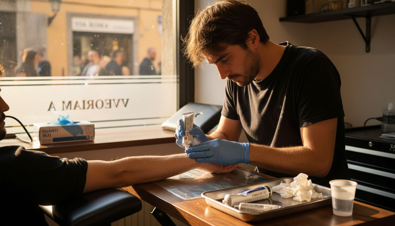 Il tatuatore sta applicando una crema anestetica sulla pelle nel suo studio.