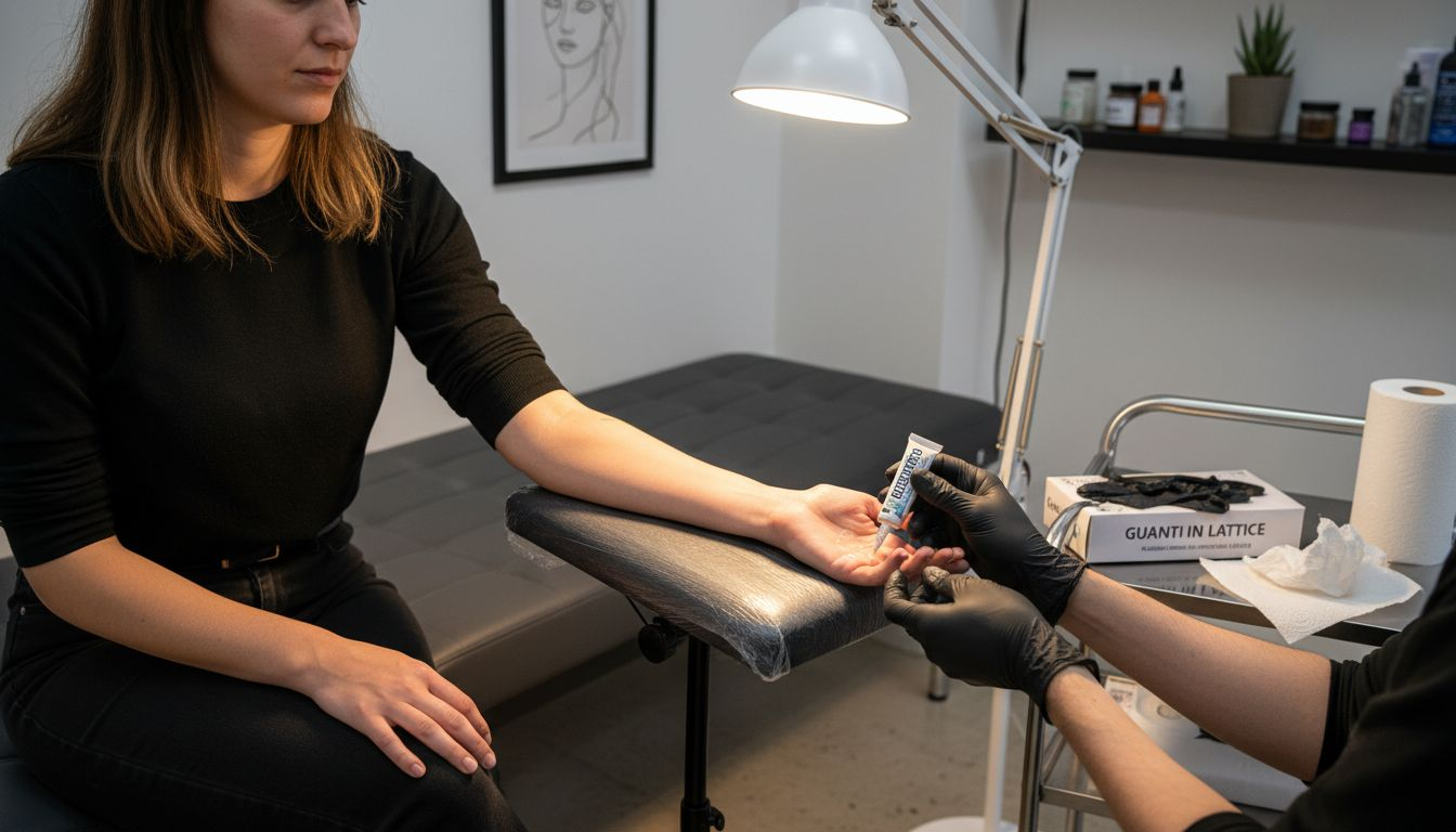 Primo piano dell’applicazione dell’anestetico sulla zona del polso prima di un tatuaggio