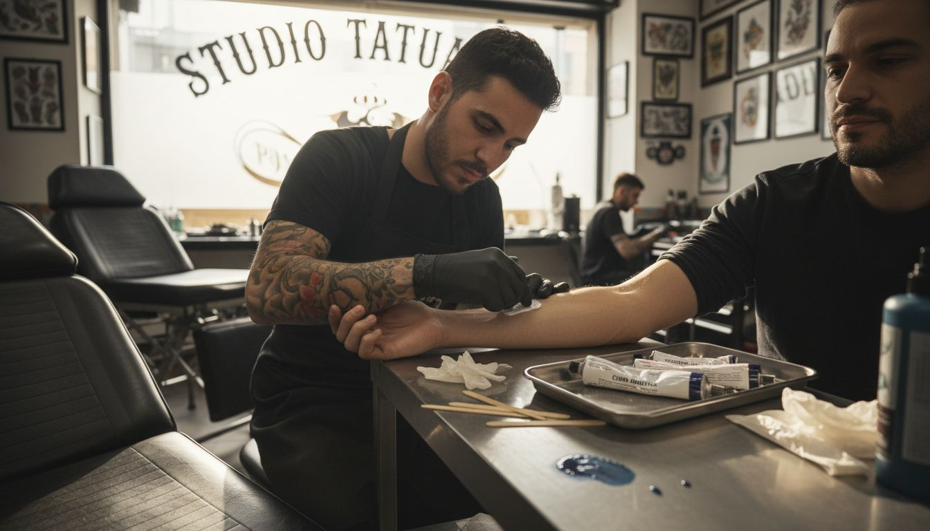 Il tatuatore stende una crema anestetica sul braccio prima di iniziare il lavoro.