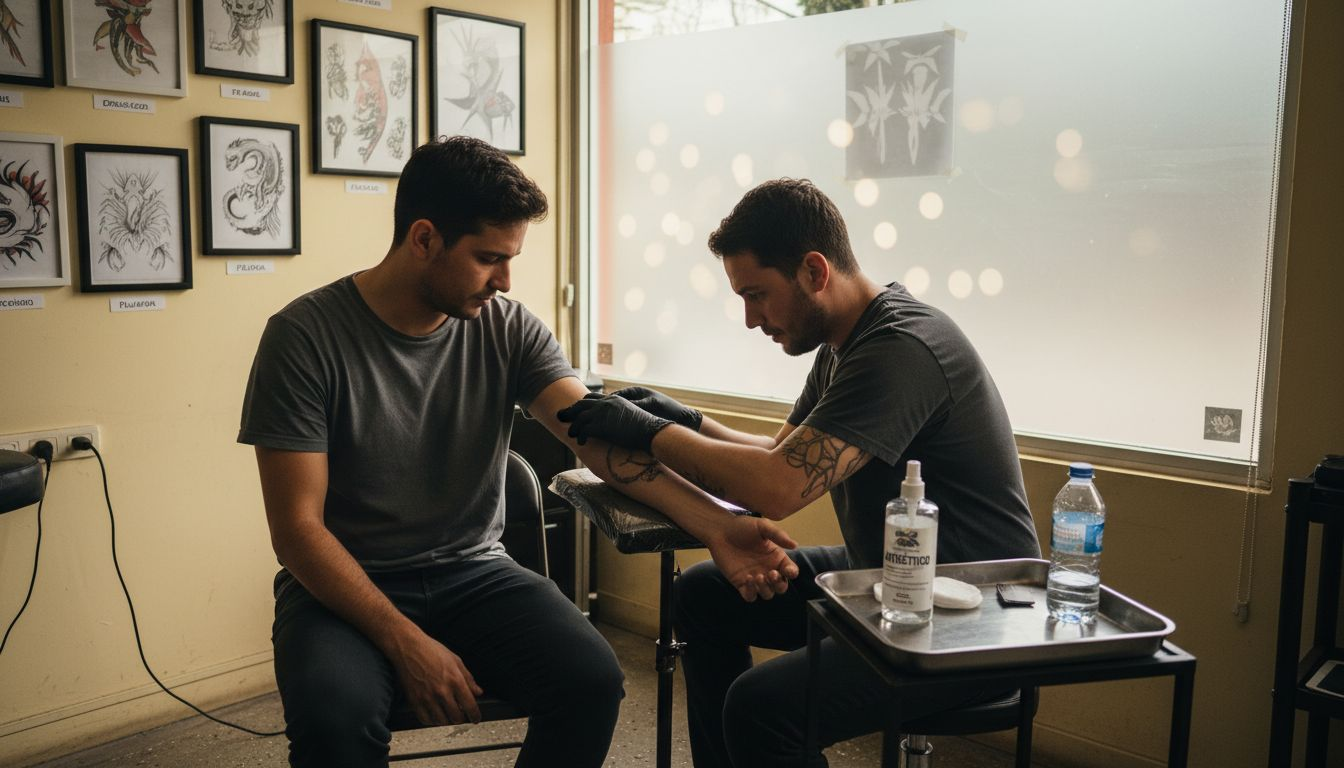 Il tatuatore osserva attentamente l’avambraccio del cliente, valutando dove realizzare il prossimo tatuaggio.