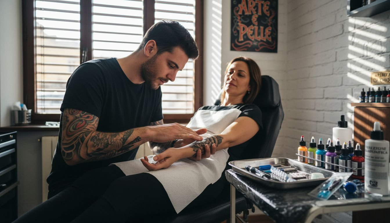 Il tatuatore si prende cura di preparare la pelle del cliente prima di iniziare il lavoro.