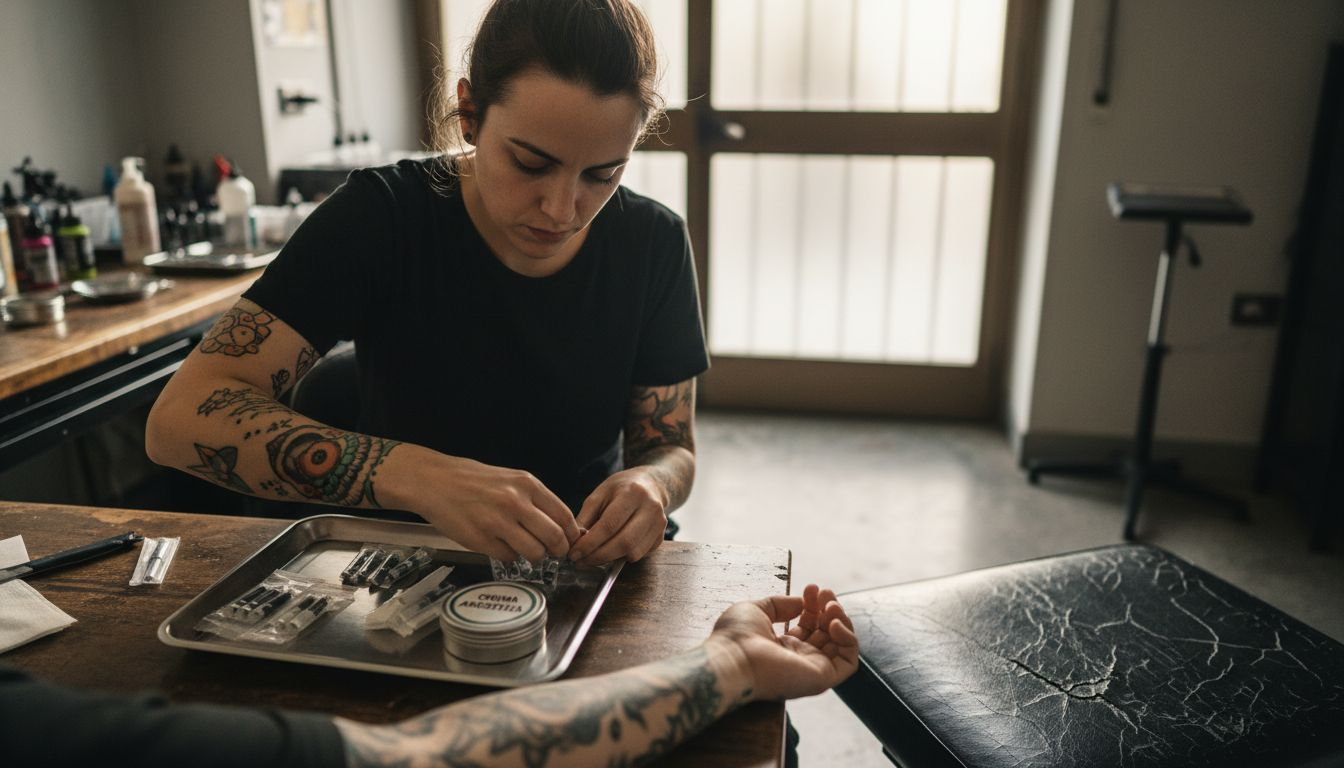 Il tatuatore si prende cura di preparare la pelle del cliente e l’area di lavoro prima di iniziare il tatuaggio.
