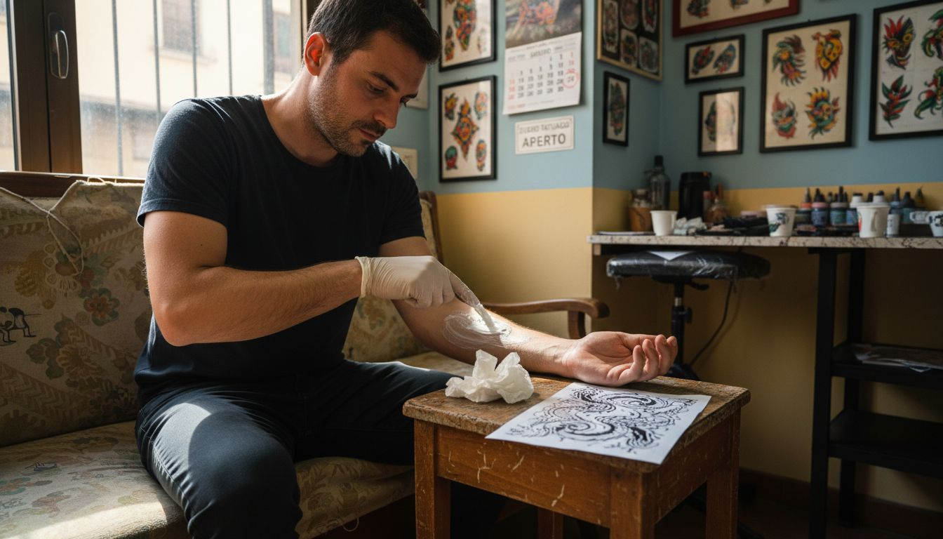 Una persona sta spalmando una crema anestetica sull’ one del braccio prima di farsi un tatuaggio.